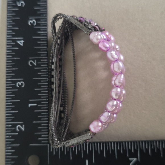 Silver Tone Multi Chain Lavender Dyed Baroque Pearls Enameled Stretch Bracelet - Picture 6 of 6